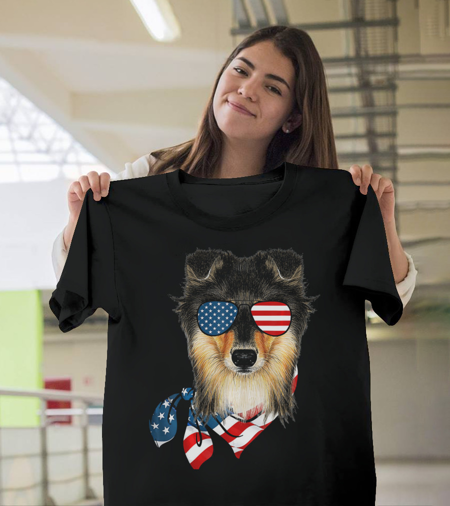 Sheltie Dog with American Flag Scarf and Sunglasses Patriotic T-Shirt