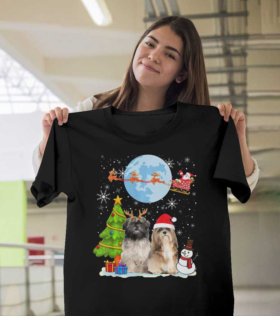 Funny Lhasa Apso Christmas Moon Santa Reindeer Sleigh Snowman Tree T-Shirt
