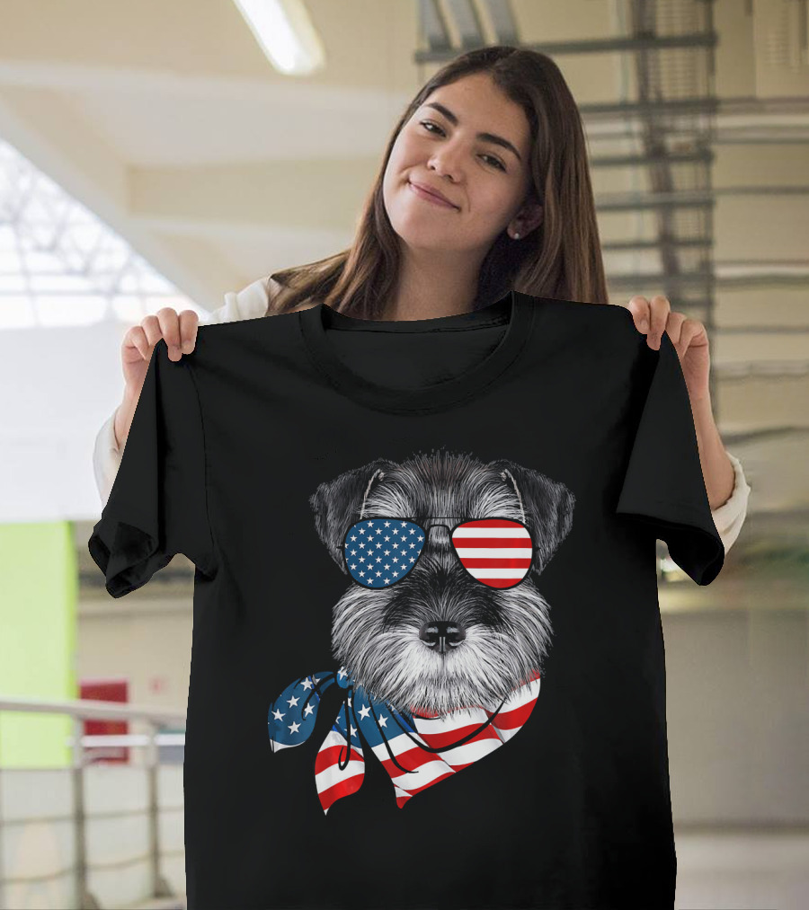 American Flag Schnauzer with Patriotic Aviator Sunglasses and Scarf T-Shirt