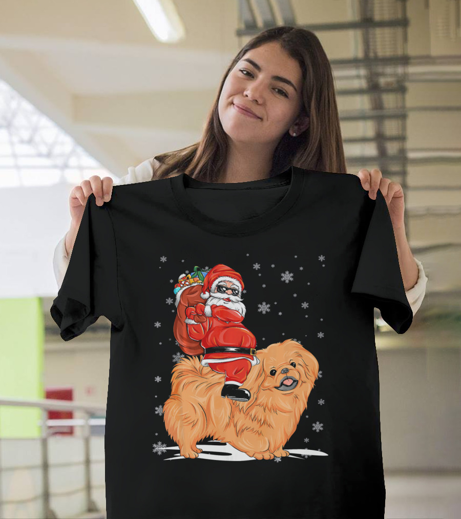 Funny Santa Claus Riding Pekingese Chris Snowflakes and Gift Sack T-Shirt