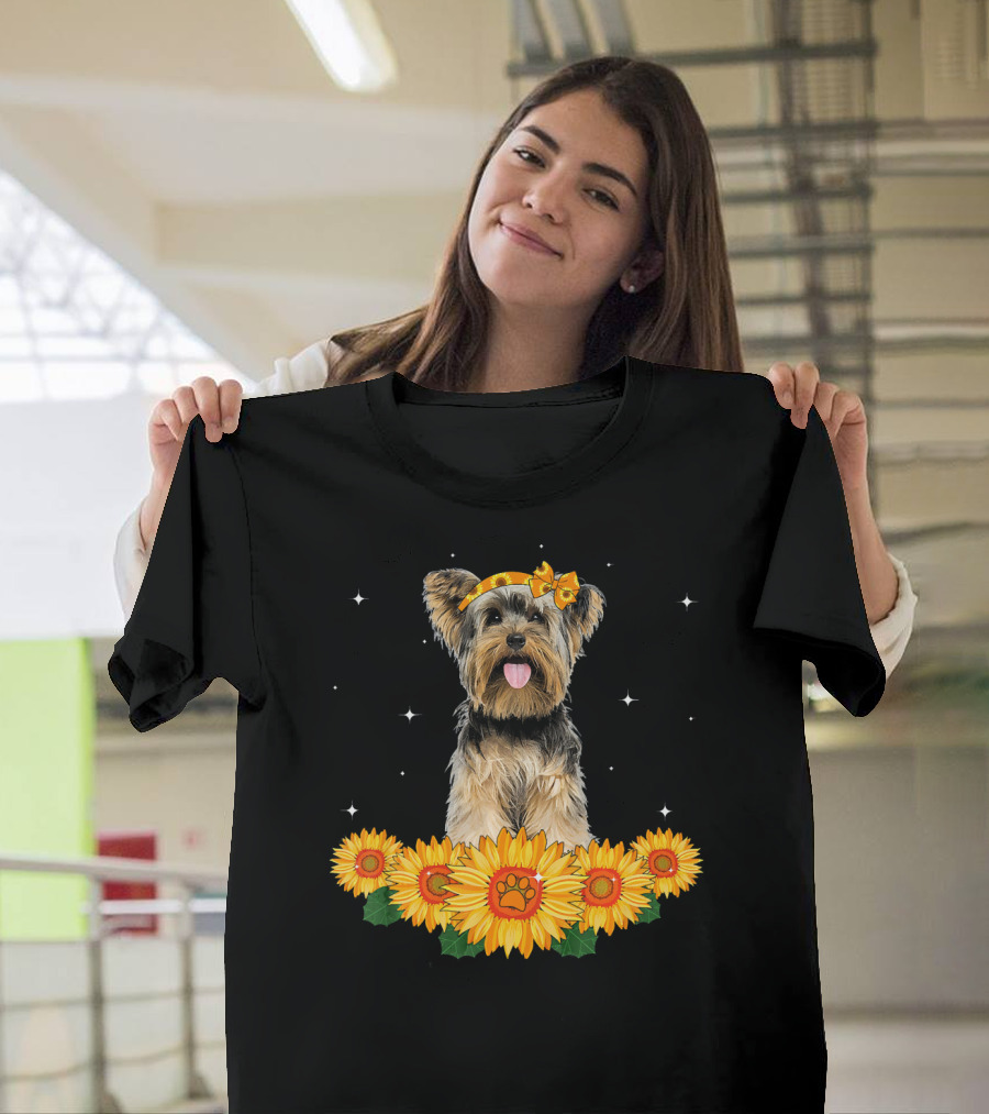 Schnauzer with Sunflower Headband and Starry Sunflowers T-Shirt