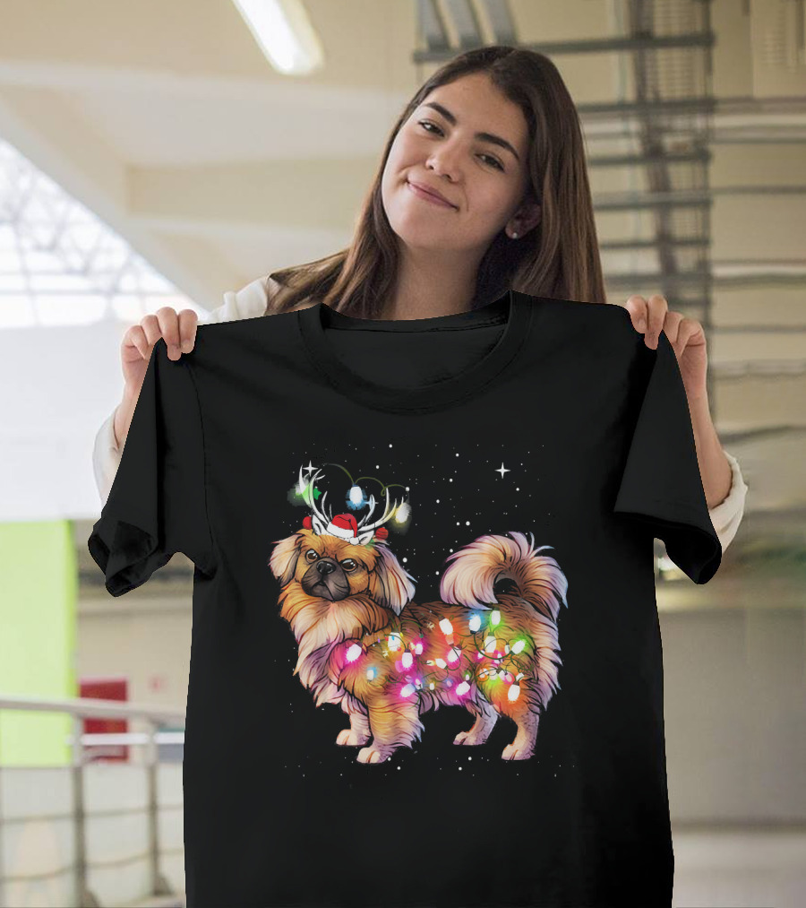 Christmas Lights Pekingese Dog with Santa Hat and Antlers T-Shirt