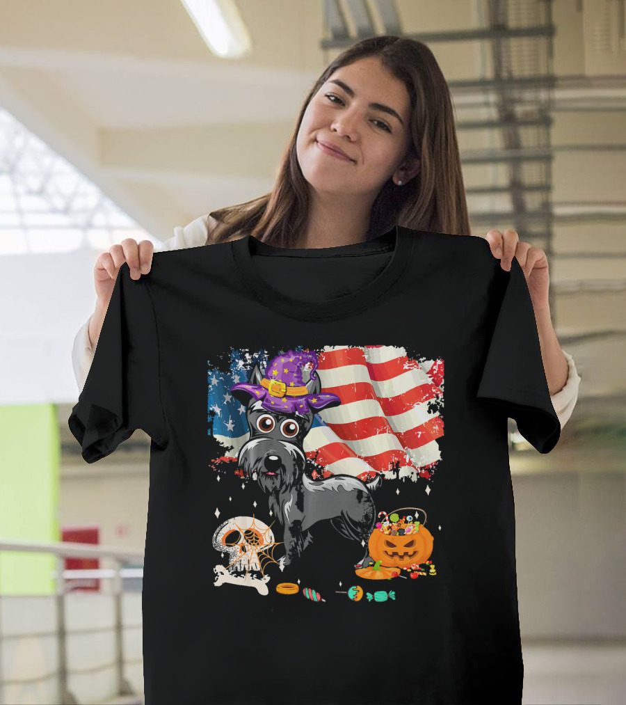 Schnauzer Halloween USA Flag Skull Pumpkin Candy T-Shirt