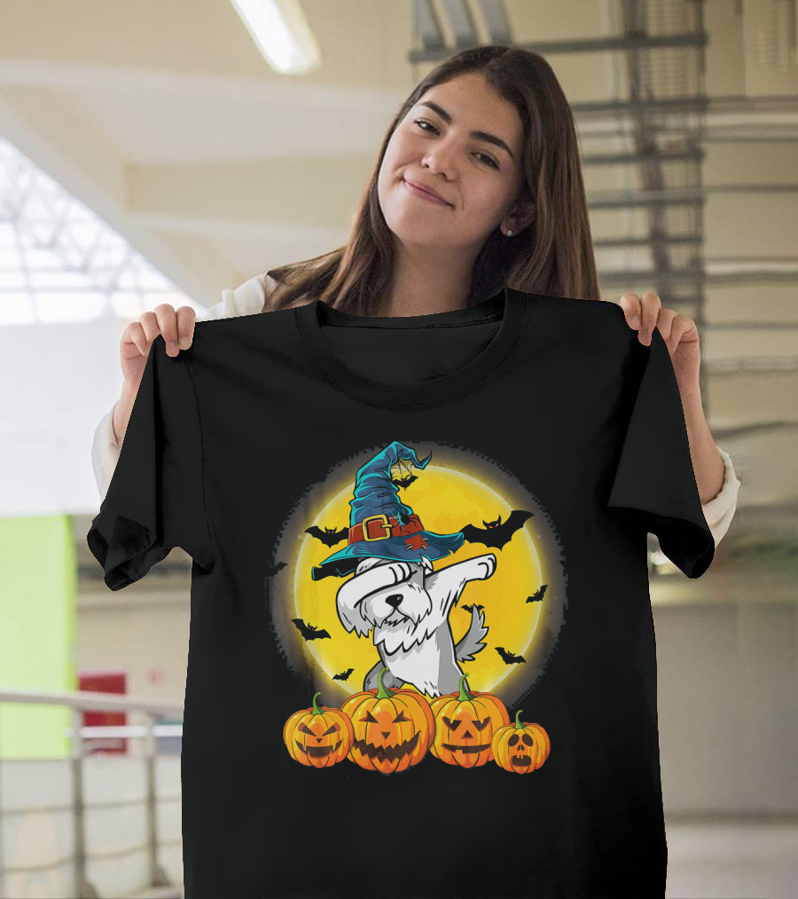 Halloween Dabbing Schnauzer Dog with Witch Hat and Pumpkins T-Shirt