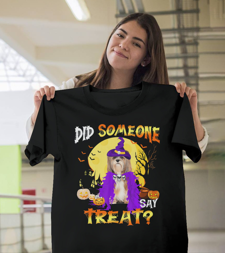 Did Someone Say Lhasa Apso Dog Halloween Treat in Witch Hat and Purple Boa T-Shirt