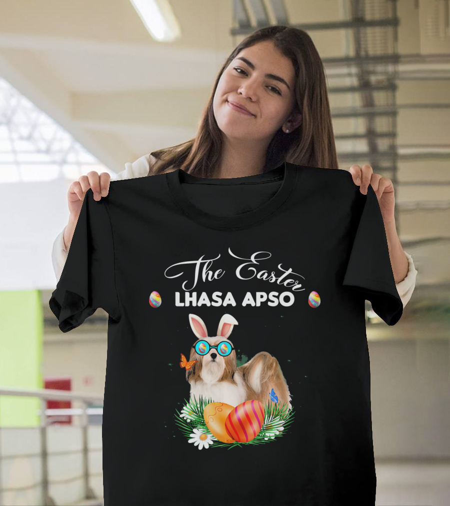 The Easter Lhasa Apso Bunny with Eggs and Glasses T-Shirt