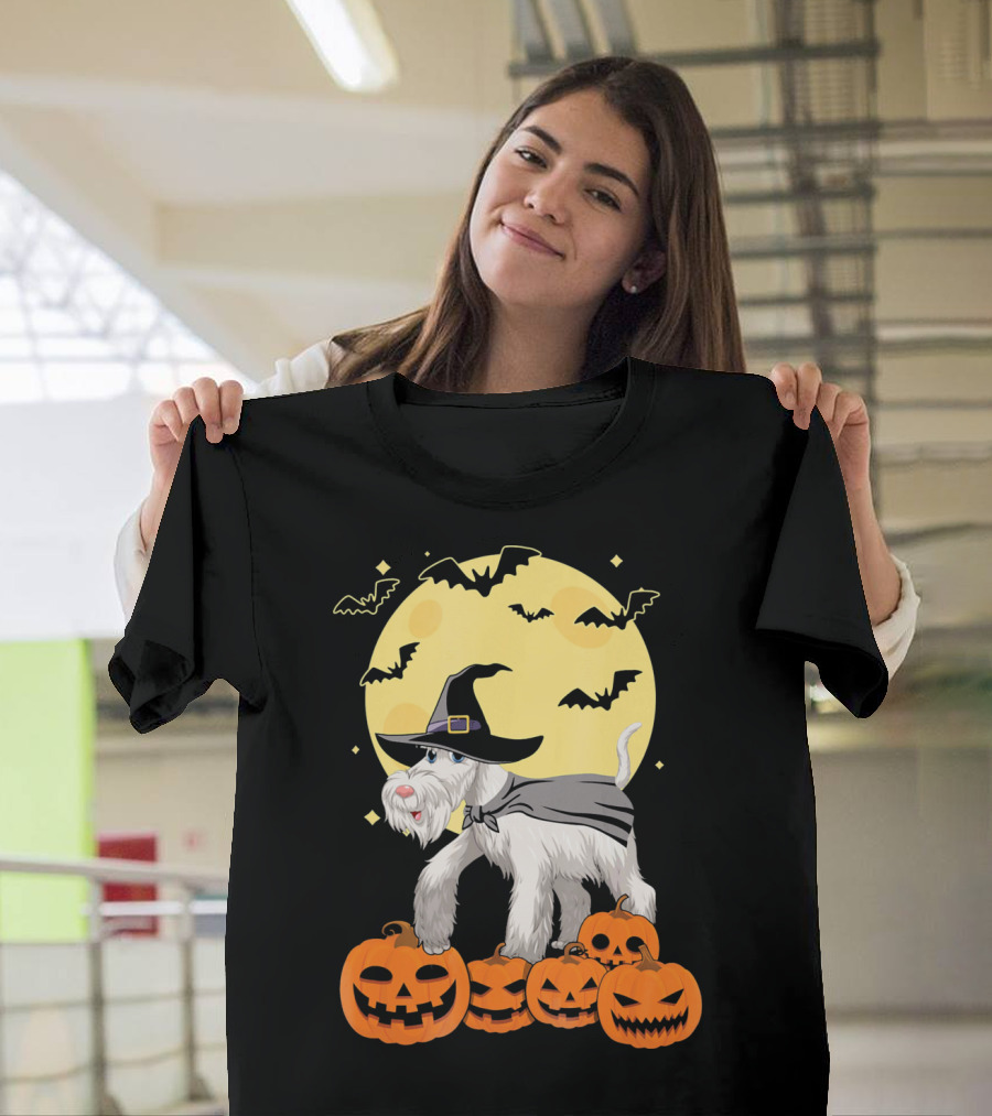 Happy Halloween Miniature Schnauzer Witch with Pumpkins and Bats T-Shirt