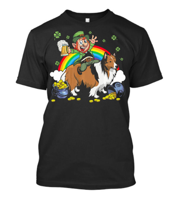 Leprechaun Riding Shetland Sheepdog With Beer Rainbow And Gold Coins T-Shirt