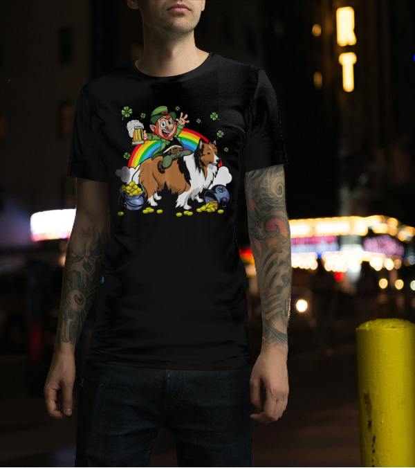 Leprechaun Riding Shetland Sheepdog With Beer Rainbow And Gold Coins T-Shirt