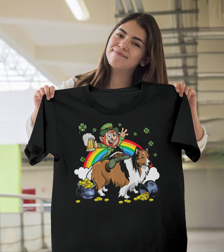 Leprechaun Riding Shetland Sheepdog with Beer Rainbow and Gold Coins T-Shirt