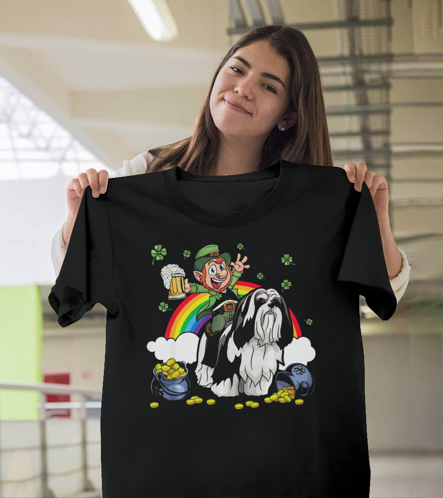Leprechaun on Lhasa Apso with Shamrocks, Rainbow, and Gold Coins T-Shirt