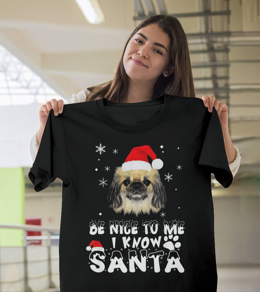 Be Nice To Me I Know Santa Pekingese Dog Christmas Snowflakes T-Shirt