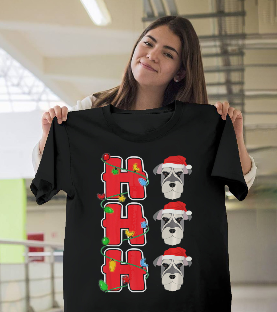 Ho Ho Ho Santa Schnauzer Christmas Lights Trio T-Shirt