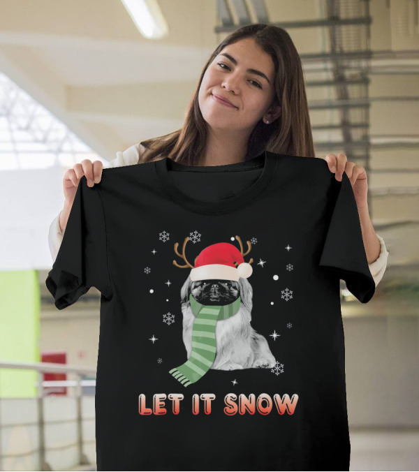 Let It Snow Pekingese Santa Hat Reindeer Antlers Scarf Snowflakes T-Shirt