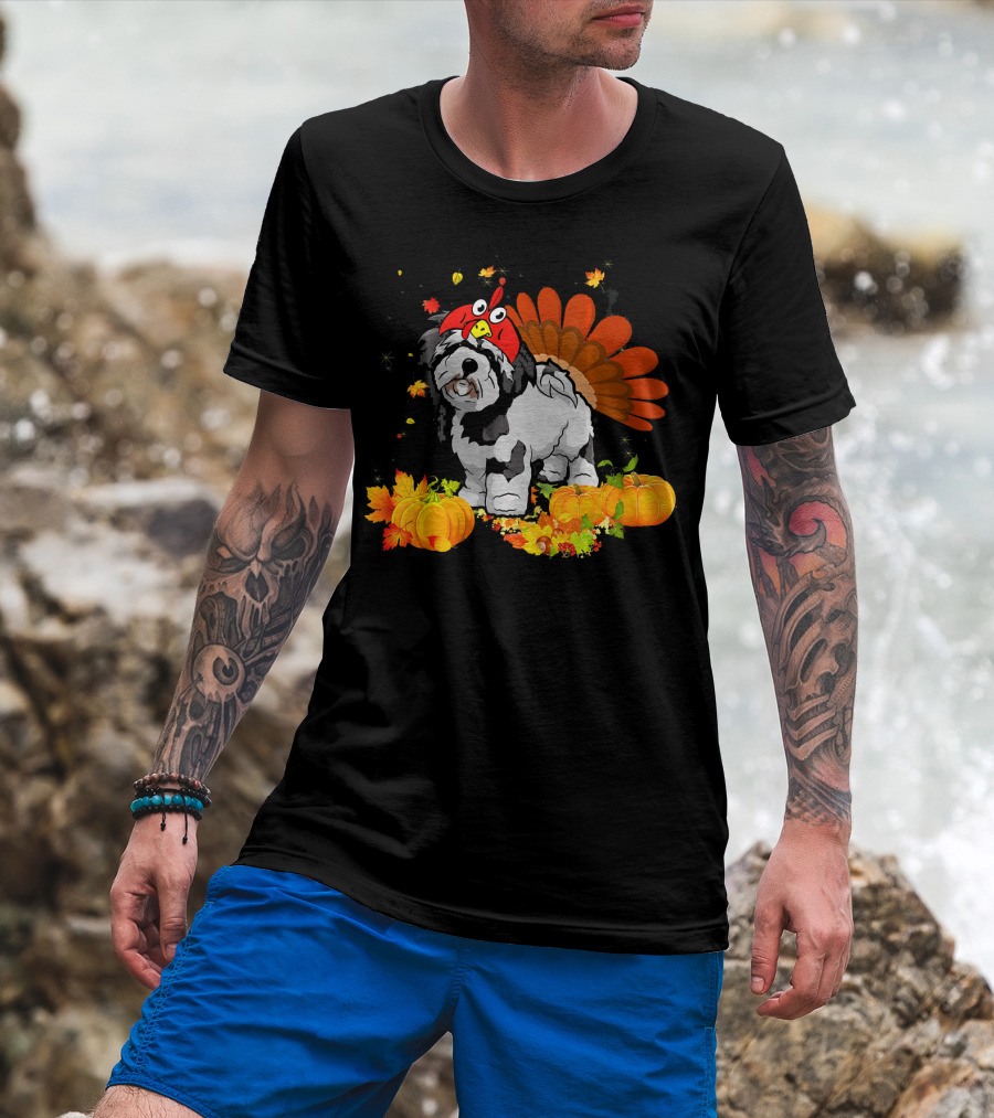 Lhasa Apso Turkey Hat Autumn Pumpkins Funny Dog T-Shirt