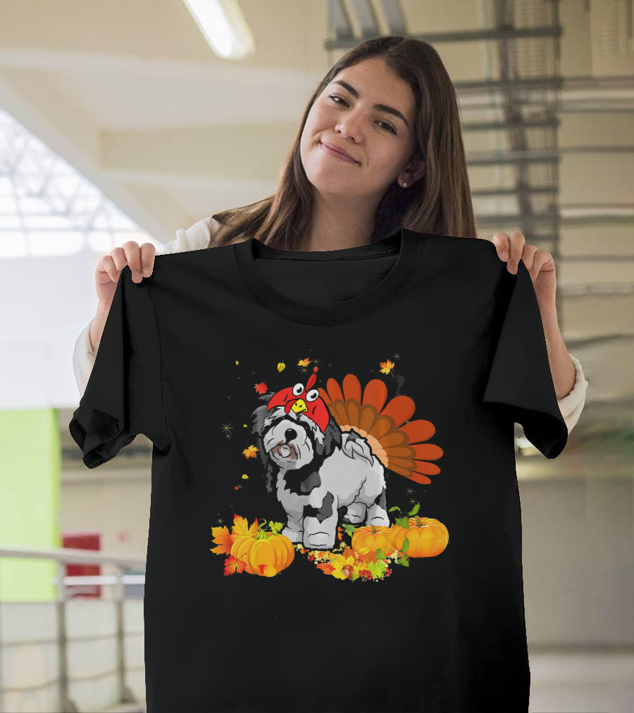 Lhasa Apso Turkey Hat Autumn Pumpkins Funny Dog T-Shirt