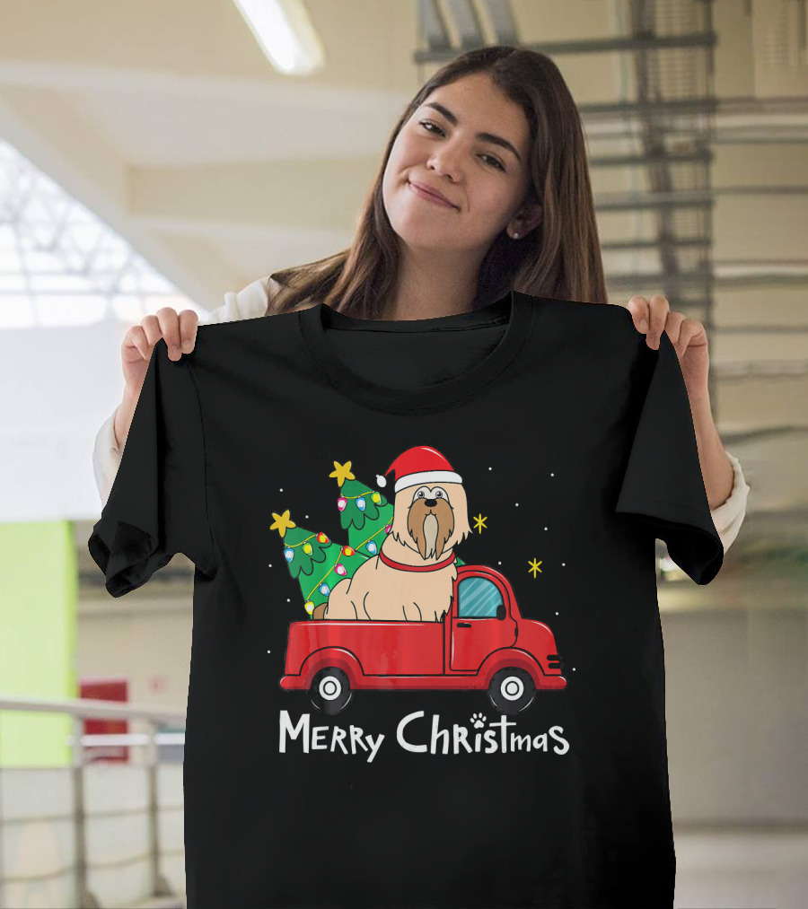 Merry Christmas Lhasa Apso Santa Red Truck with Tree T-Shirt