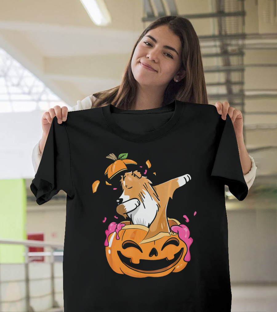 Pumpkin Sheltie Dog Dabbing Halloween T-Shirt