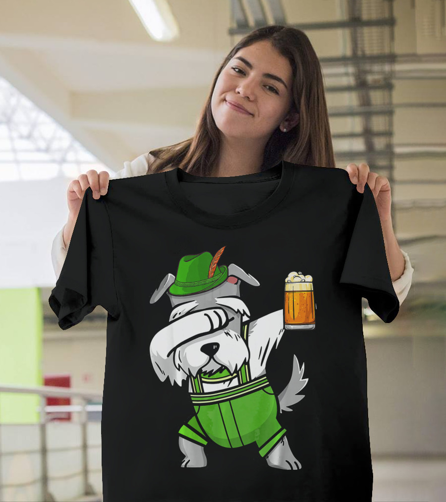 Dabbing Schnauzer in Lederhosen with Oktoberfest Beer T-Shirt