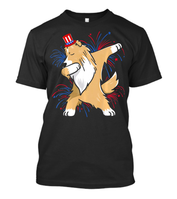 Dabbing Sheltie With Patriotic Hat And Fireworks For 4th Of July T-Shirt