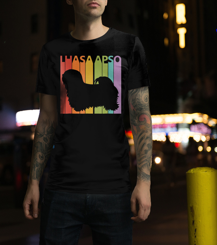 Lhasa Apso Dog Silhouette On Retro Rainbow Background T-Shirt
