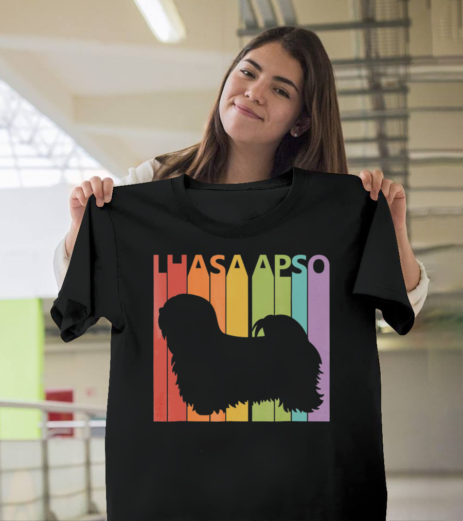 Lhasa Apso Dog Silhouette On Retro Rainbow Background T-Shirt