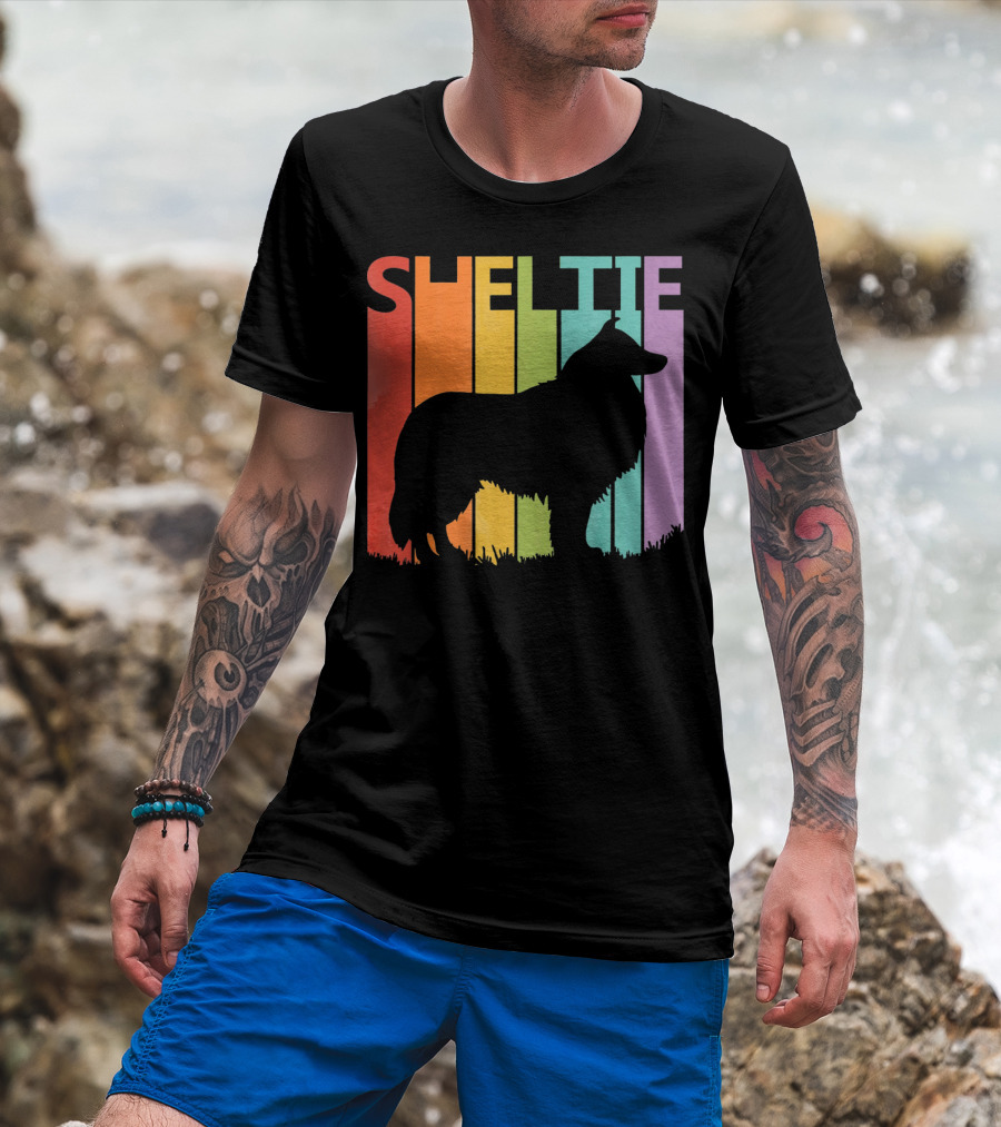Sheltie Silhouette Retro Rainbow T-Shirt