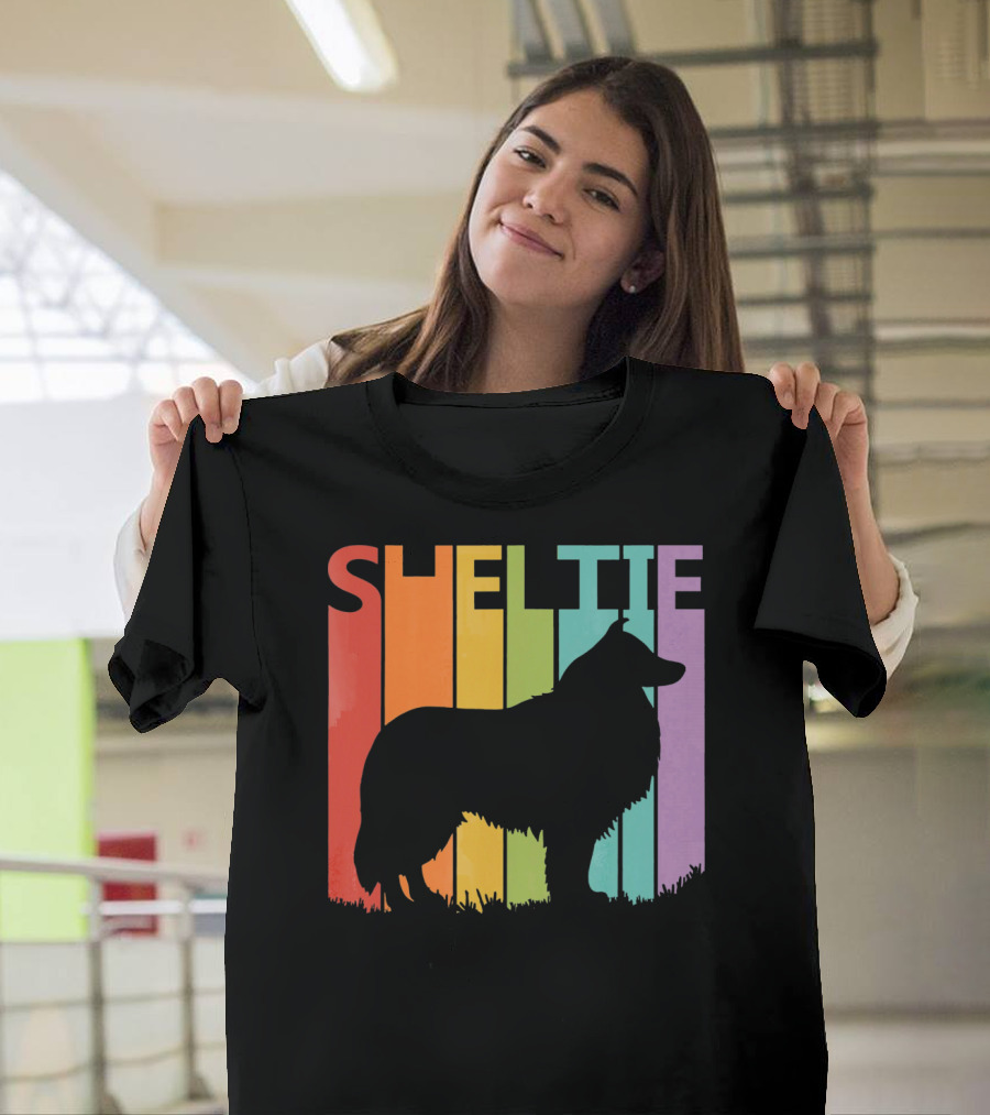 Sheltie Silhouette Retro Rainbow T-Shirt