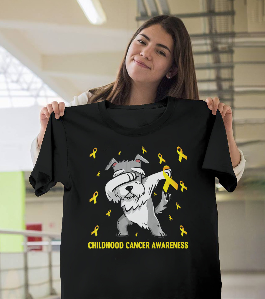 Dabbing Miniature Schnauzer Childhood Cancer Awareness T-Shirt