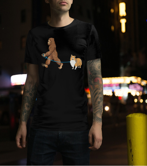 Bigfoot Walking Sheltie Sasquatch Dog Walk T-Shirt