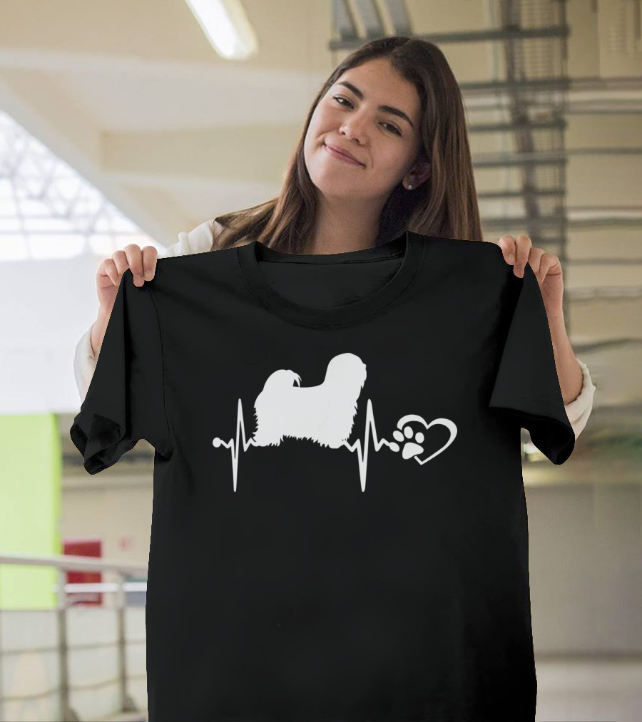 Lhasa Apso Dog Heartbeat Love with Paw Print Heart T-Shirt