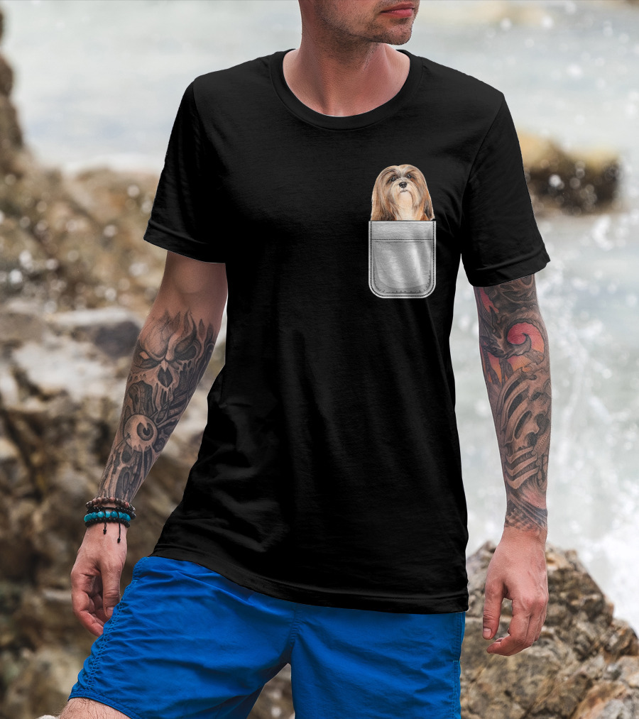 Lhasa Apso Puppy Dog Peeking From Pocket T-Shirt