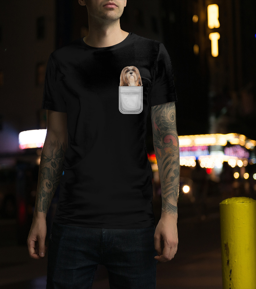 Lhasa Apso Puppy Dog Peeking From Pocket T-Shirt