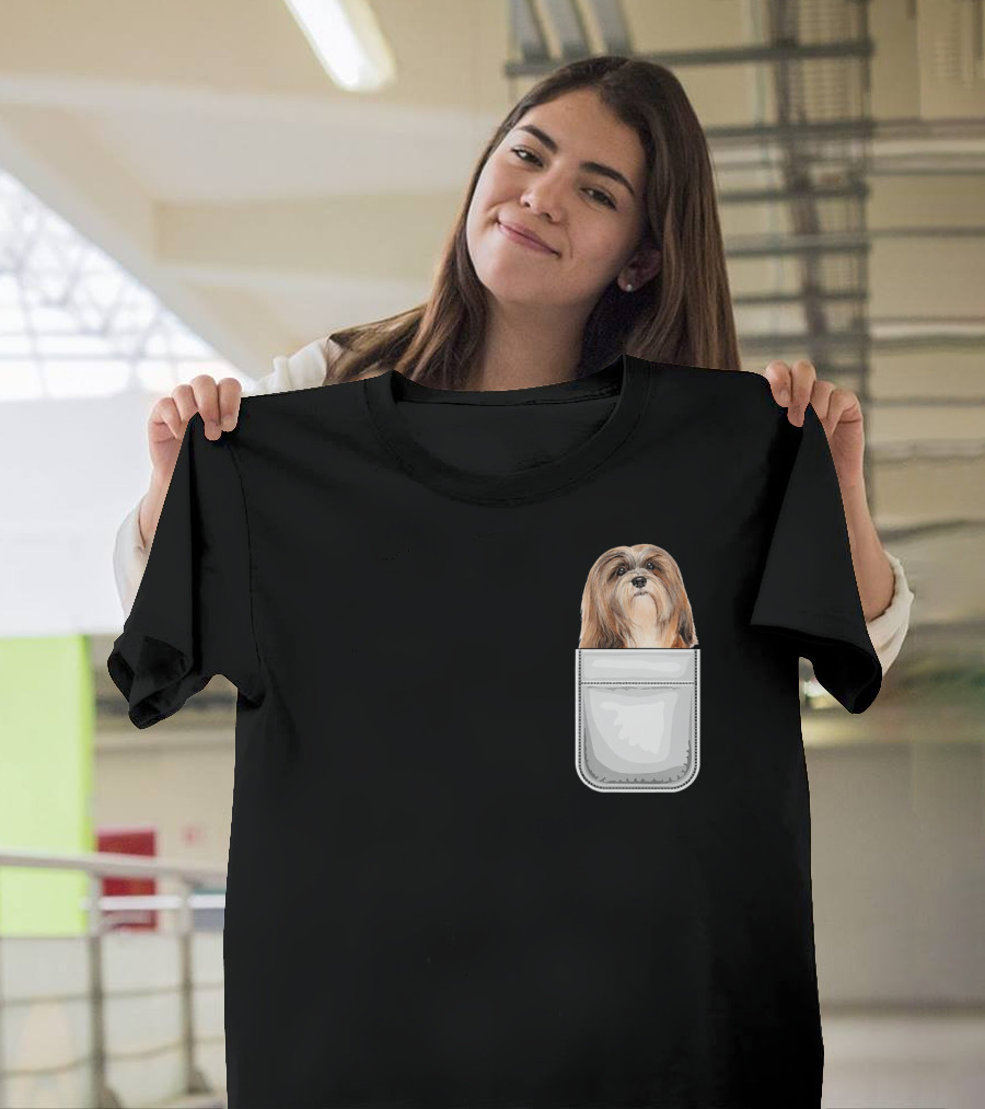Lhasa Apso Puppy Dog Peeking From Pocket T-Shirt