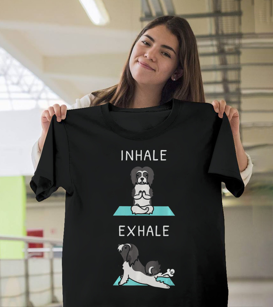 Lhasa Apso Funny Dog Yoga Inhale Exhale on Mat T-Shirt