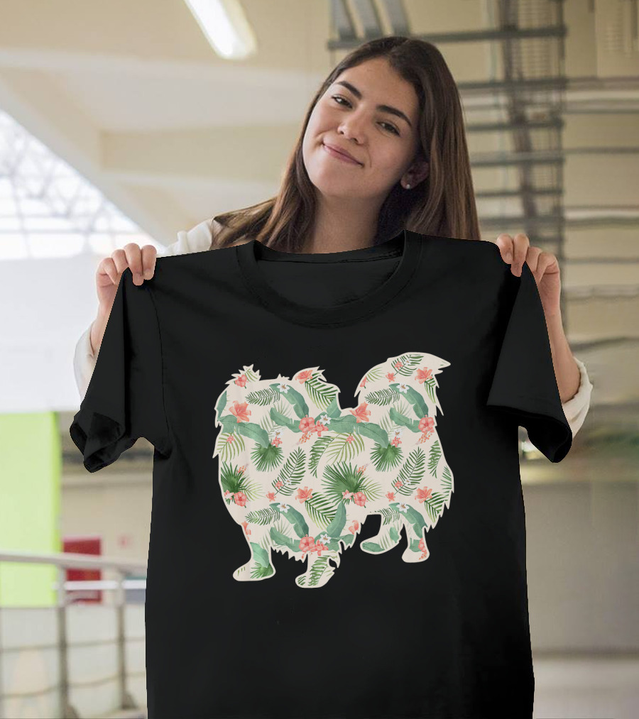Pekingese Silhouette with Floral Tropical Print T-Shirt