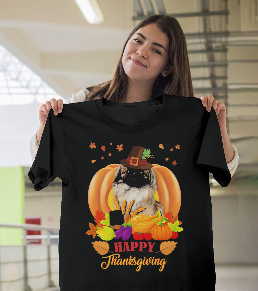 Happy Thanksgiving Pekingese with Fall Harvest Elements T-Shirt