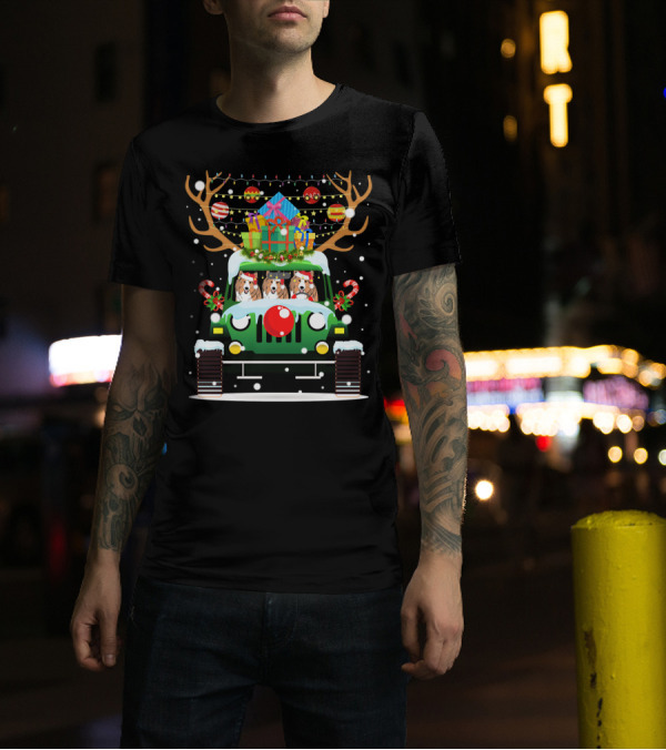 Santa Reindeer Jeep With Presents And Shetland Sheepdog Trio T-Shirt