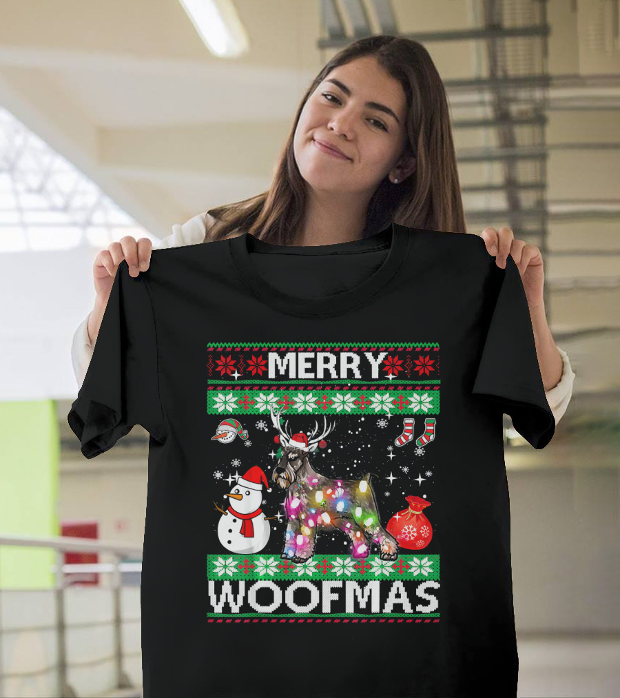 Merry Woofmas Standard Schnauzer Christmas Lights Snowman T-Shirt