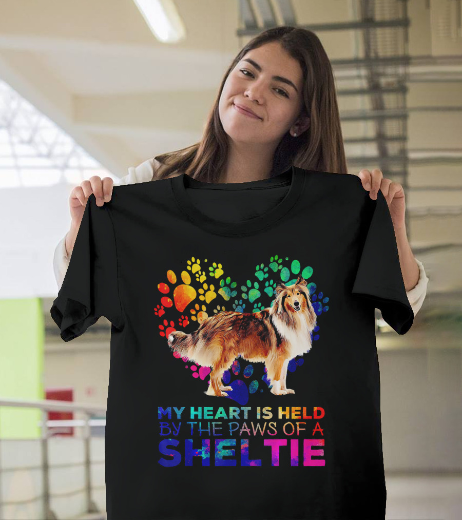 My Heart Is Held By The Paws Of A Sheltie Colorful Paw Prints T-Shirt