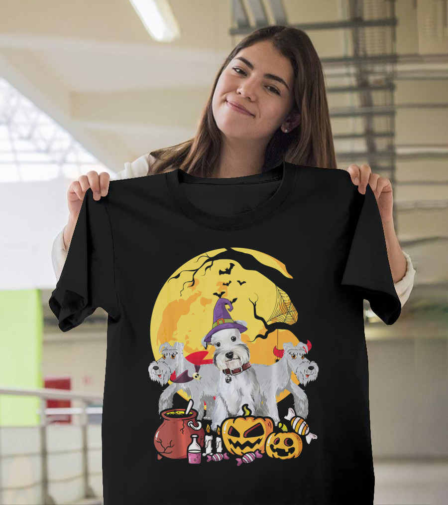 Schnauzer Dog Lover Witch Ghosts Halloween Moon Jack-O'-Lantern Candies Cauldron T-Shirt