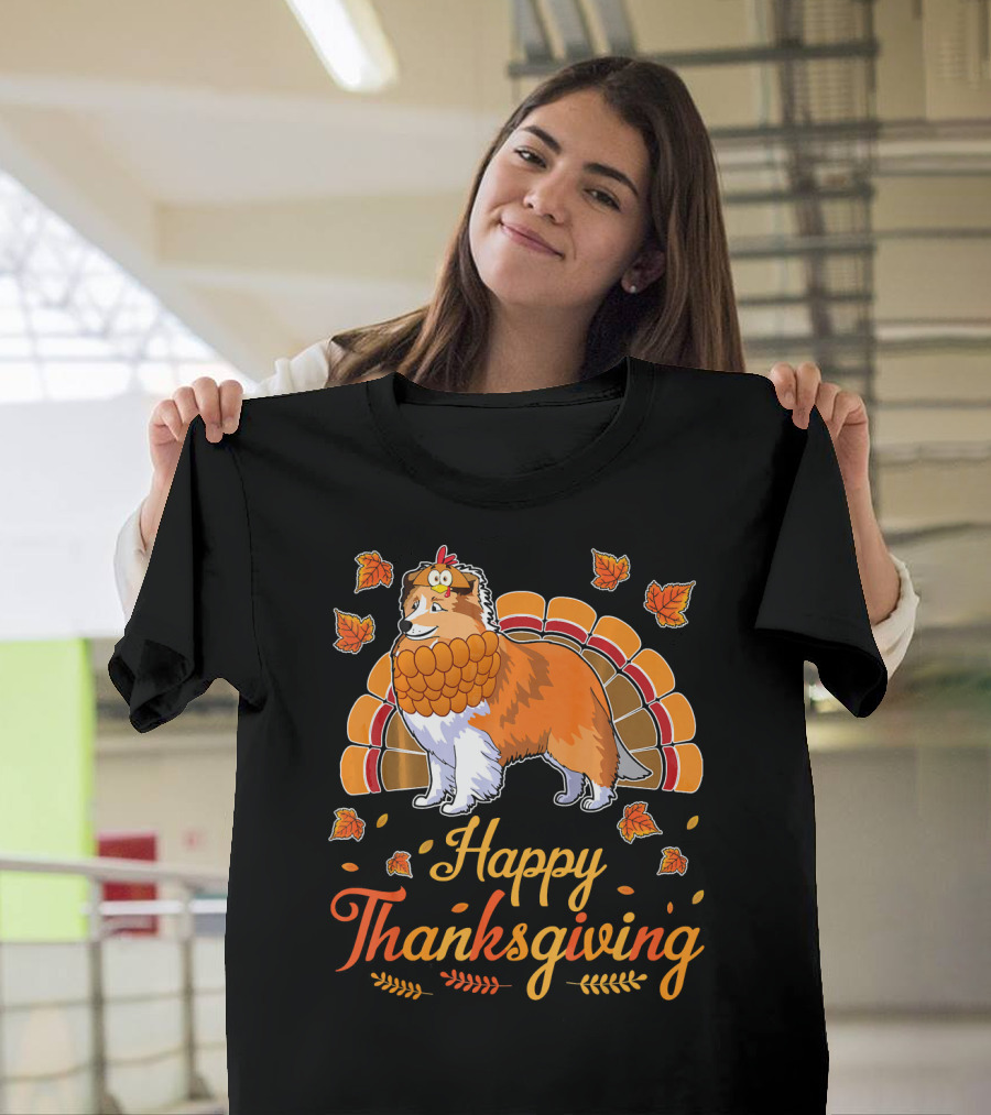 Happy Thanksgiving Turkey Sheltie Dog T-Shirt