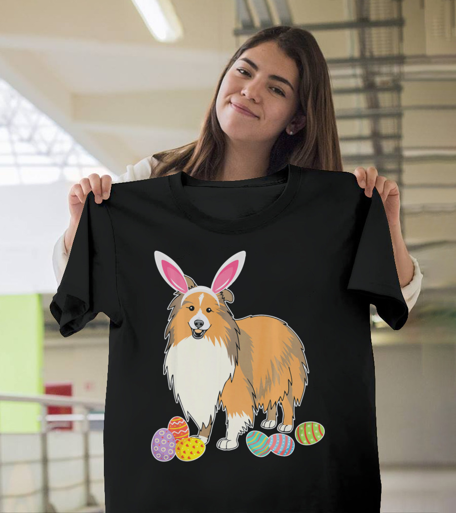 Sheltie Dog Bunny Rabbit Hat Playing Easter Eggs T-Shirt