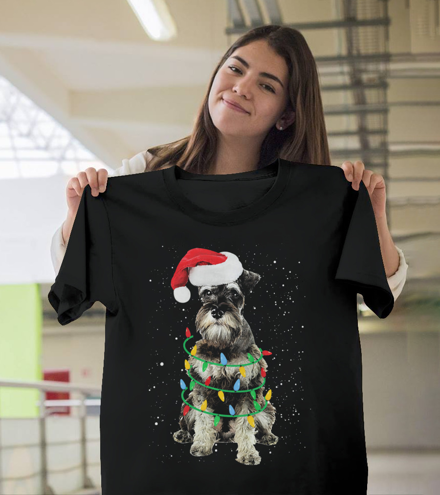 Santa Hat Miniature Schnauzer Christmas Lights T-Shirt