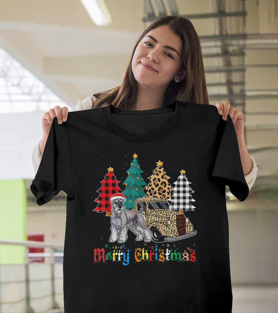 Merry Christmas Miniature Schnauzer Leopard Plaid Truck T-Shirt