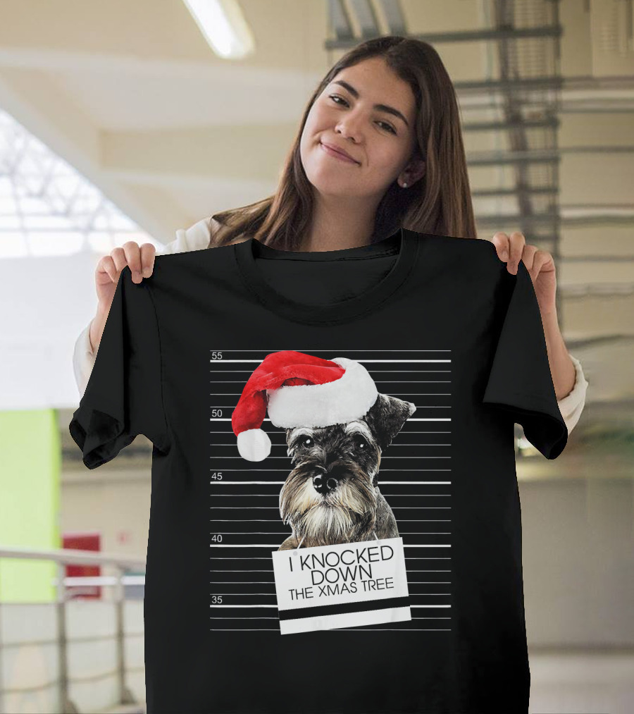 Schnauzer Dog in Santa Hat with Mugshot and I Knocked Down the Xmas Tree T-Shirt