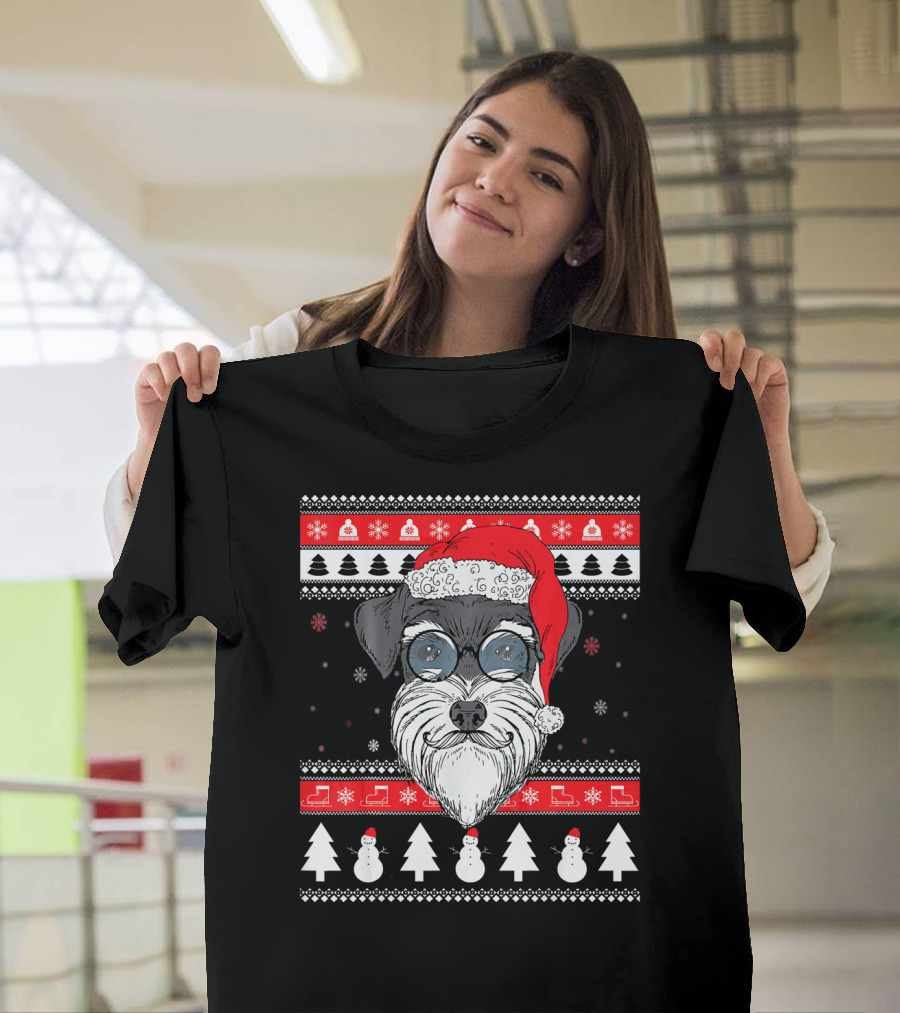 Schnauzer Santa Ugly Xmas Funny Dog with Snowmen and Trees T-Shirt