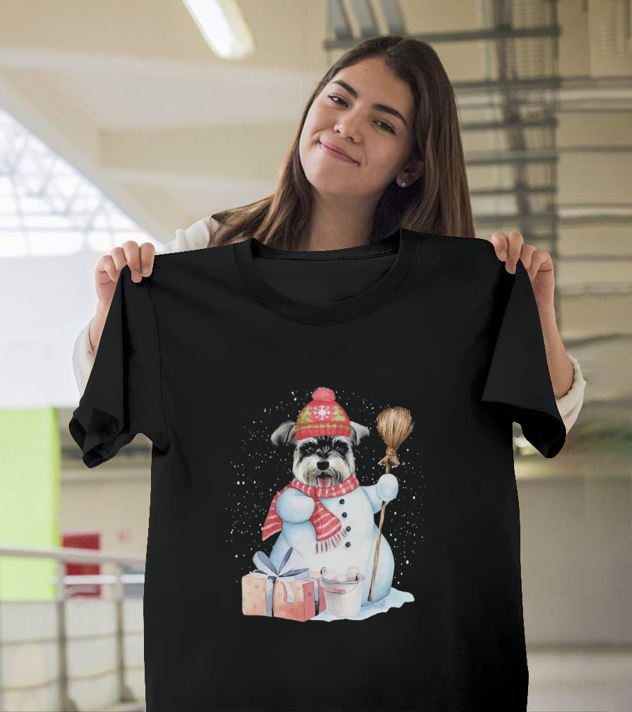 Miniature Schnauzer Snowman Night with Gifts and Broom T-Shirt
