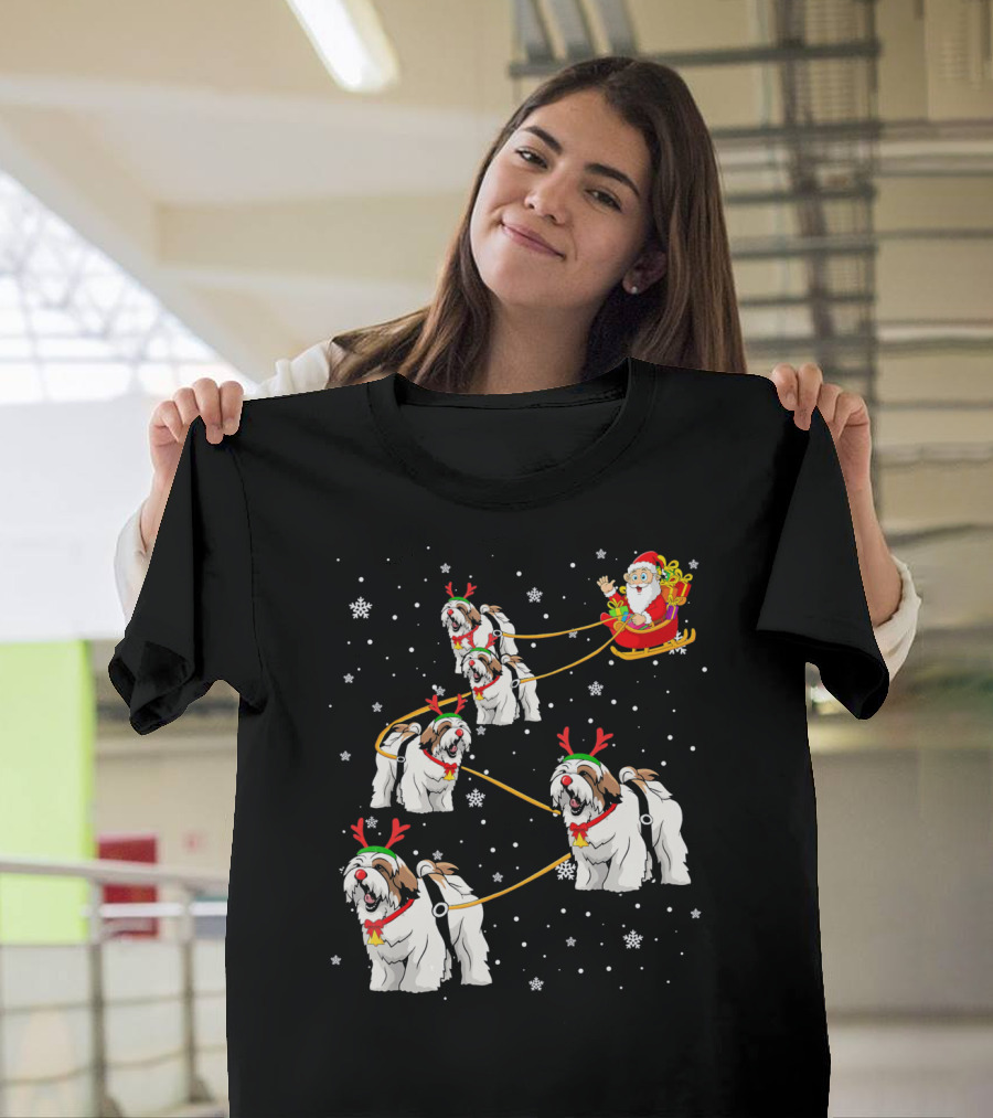 Xmas Lhasa Apso Lover Santa Sleigh Reindeer Dogs Snowflakes T-Shirt