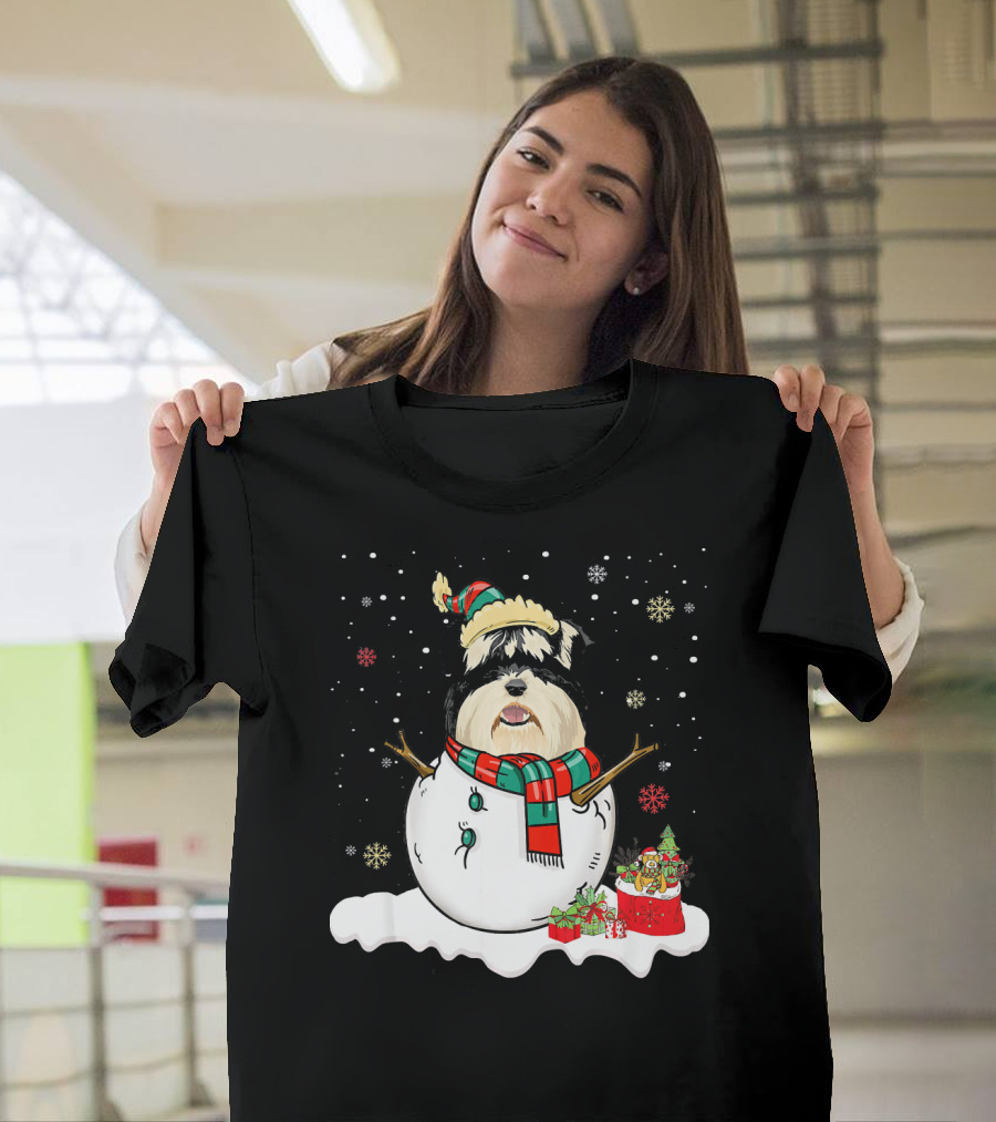 Miniature Schnauzer Lover Merry Christmas Snowman Holiday Scene T-Shirt